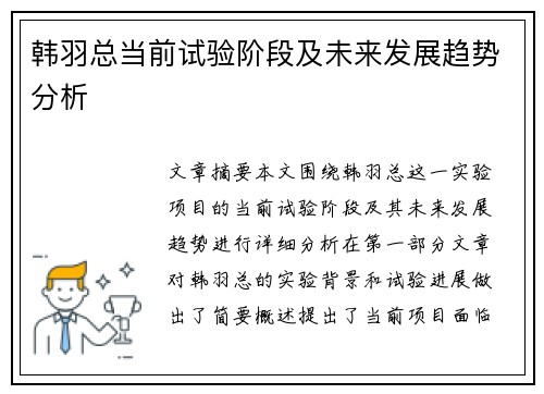 韩羽总当前试验阶段及未来发展趋势分析