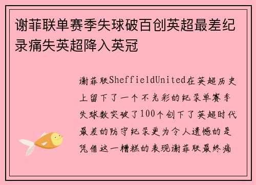 谢菲联单赛季失球破百创英超最差纪录痛失英超降入英冠