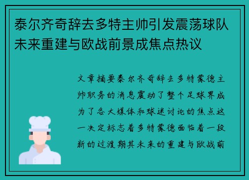 泰尔齐奇辞去多特主帅引发震荡球队未来重建与欧战前景成焦点热议