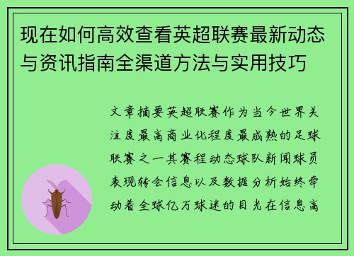 现在如何高效查看英超联赛最新动态与资讯指南全渠道方法与实用技巧